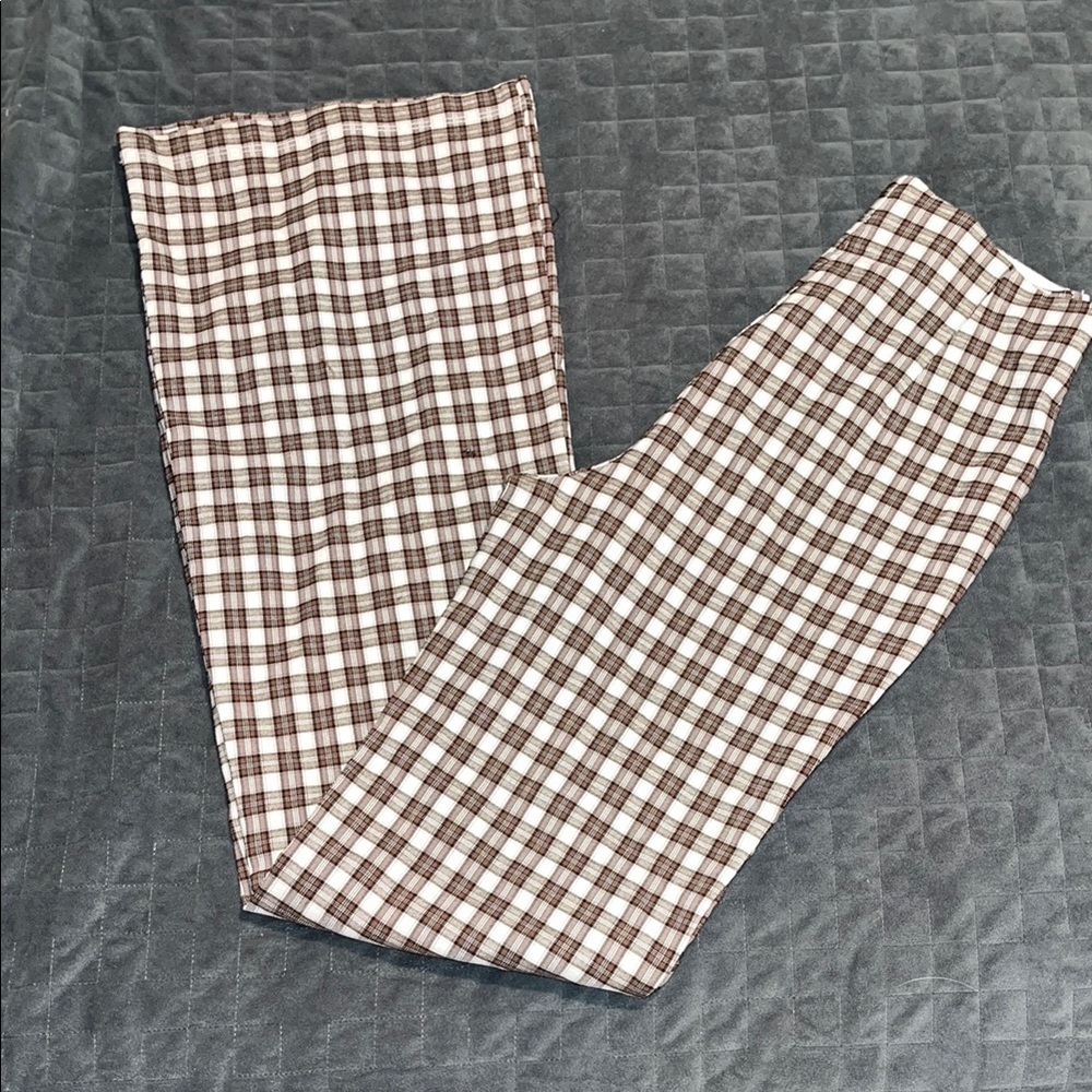 Aeropostale Brown and White Flare Pants with Plaid Pattern